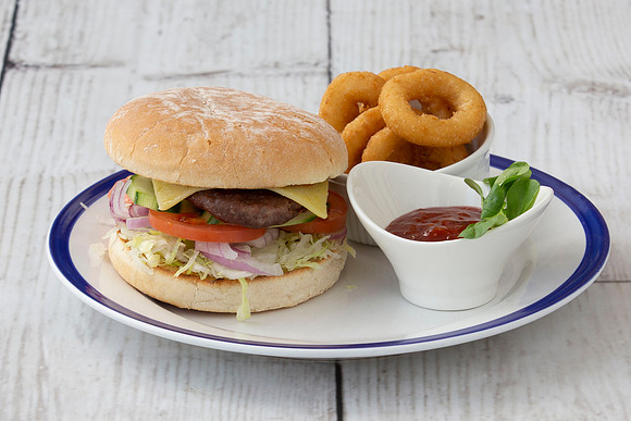 Mario's Fish Bar_100% Beef Cheeseburger with a side of Onion Rings & Relish dip